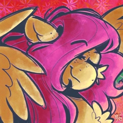 Size: 1024x1024 | Tagged: safe, artist:fluttersharpi, artist:yumkandie, imported from derpibooru, fluttershy, pegasus, pony, abstract background, bust, eyebrows, eyebrows visible through hair, eyes closed, female, fluffy, mare, signature, smiling, solo, wings