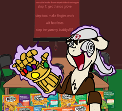 Size: 1040x943 | Tagged: safe, artist:atomgatherer, derpibooru exclusive, imported from derpibooru, oc, oc only, oc:atom gatherer, earth pony, pony, brown hoodie, chest fluff, custom designed for hooves thanos gauntlet, hat, infinity gauntlet, mad with power, marvel, meme, solo, yummy dino buddies dinosoar shaped chicken breast nuggets