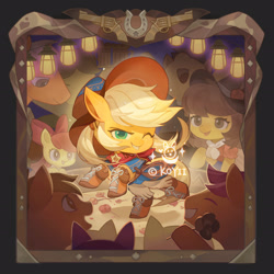 Size: 2284x2284 | Tagged: safe, artist:koyii-kong, imported from derpibooru, apple bloom, applejack, big macintosh, earth pony, pony, apple siblings, apple sisters, boots, brother and sister, clothes, cowboy boots, cowboy hat, dancing, eyes closed, female, filly, flower, foal, grin, gun, handgun, hat, high res, hoof hold, lantern, lasso, looking at you, male, mare, one eye closed, open mouth, open smile, revolver, rope, sheriff's badge, shoes, siblings, sisters, smiling, solo focus, stallion, standing, standing on one leg, watermark, weapon, wink, winking at you