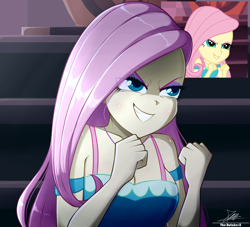 Size: 2134x1934 | Tagged: safe, artist:the-butch-x, imported from derpibooru, screencap, fluttershy, human, a fine line, equestria girls, equestria girls series, arms, breasts, bust, busty fluttershy, cleavage, clothes, dress, evil fluttershy, evil grin, eye clipping through hair, eyebrows, eyebrows visible through hair, eyeshadow, fingers, fist, fluttershy's revenge, grin, hand, high res, long hair, makeup, my little pony equestria girls: better together, scene interpretation, screencap reference, signature, smiling, solo, teenager, teeth