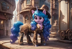 Size: 1216x832 | Tagged: safe, imported from derpibooru, izzy moonbow, unicorn, ai content, ai generated, building, clothes, g5, generator:autismmix pony, generator:stable diffusion, hat, horn, prompter:kluknawa235, smiling, steampunk, town