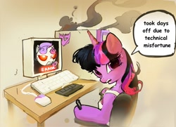 Size: 1665x1203 | Tagged: safe, artist:vondsketch, imported from derpibooru, sweetie belle, twilight sparkle, pony, unicorn, chair, computer, cute, decepticon, error, horn, keyboard, looking at you, looking back, looking back at you, oh no, smoke, talking, text, transformers