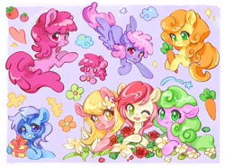 Size: 1890x1417 | Tagged: safe, artist:chonpsk, imported from derpibooru, berry punch, berryshine, carrot top, golden harvest, minuette, roseluck, earth pony, pegasus, pony, unicorn, carrot, cloud, cute, female, flower, flying, food, horn, looking at you, looking back, looking back at you, present, smiling, sparkles, tomato