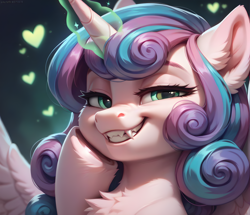 Size: 1600x1376 | Tagged: safe, imported from derpibooru, princess flurry heart, changeling, ai content, ai generated, anonymous prompter, generator:pony diffusion v6 xl, generator:stable diffusion, looking at you, magic, sharp teeth, smiling, smiling at you, teeth