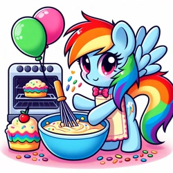 Size: 1024x1024 | Tagged: safe, artist:user15432, imported from derpibooru, rainbow dash, pegasus, pony, ai content, ai generated, apron, baking, balloon, bowl, bowtie, cake, cherry, clothes, food, generator:bing image creator, generator:dall-e 3, looking at you, mixing, mixing bowl, oven, prompter:user15432, rainbow sprinkles, smiling, smiling at you, sprinkles, whisk