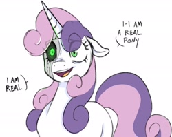 Size: 2635x2097 | Tagged: safe, artist:b(r)at, imported from derpibooru, sweetie belle, pony, robot, unicorn, dialogue, existential crisis, eye clipping through hair, eyebrows, eyebrows visible through hair, female, floppy ears, horn, mare, missing cutie mark, older, older sweetie belle, open mouth, simple background, solo, sweetie bot, white background