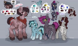 Size: 4096x2462 | Tagged: safe, alternate version, artist:reddthebat, imported from derpibooru, oc, oc only, oc:alaska (reddthebat), oc:number nine, oc:selena (reddthebat), oc:violina (reddthebat), bat pony, earth pony, ghost, ghost pony, pegasus, pony, undead, unicorn, bandana, bat pony oc, bat wings, chest fluff, cigarette, color palette, eyebrows, eyebrows visible through hair, fangs, female, freckles, gray background, hair over one eye, height difference, high res, horn, knife, looking at you, looking up, mare, open mouth, open smile, simple background, smiling, smiling at you, smoking, tongue out, unshorn fetlocks, wings