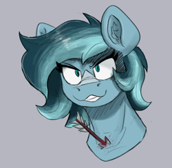 Size: 864x848 | Tagged: safe, artist:reddthebat, imported from derpibooru, oc, oc only, oc:alaska (reddthebat), ghost, ghost pony, pegasus, pony, undead, arrow, blood, bust, ear fluff, female, furrowed brow, gray background, grin, mare, mischievous, simple background, smiling, solo