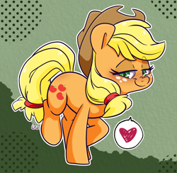 Size: 1832x1788 | Tagged: safe, artist:lou, imported from derpibooru, applejack, earth pony, pony, abstract background, blushing, cute, female, heart, jackabetes, lidded eyes, looking at you, mare, pictogram, smiling, smiling at you, solo, speech bubble, standing on two hooves