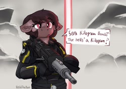 Size: 2422x1716 | Tagged: safe, artist:reddthebat, imported from derpibooru, oc, oc only, oc:number nine, earth pony, pony, armor, bipedal, dialogue, female, floppy ears, gun, helldivers 2, hoof hold, mare, solo, speech bubble, talking to viewer, weapon