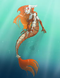 Size: 1671x2168 | Tagged: safe, artist:ravenpuff, imported from ponybooru, oc, oc only, oc:sunbeam, anthro, hybrid, shrimp, crepuscular rays, crossed arms, interspecies offspring, male, mermay, multiple arms, multiple limbs, offspring, parent:discord, parent:princess celestia, parents:dislestia, solo, species swap, underwater