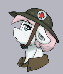 Size: 728x850 | Tagged: safe, artist:reddthebat, imported from derpibooru, nurse redheart, earth pony, pony, army helmet, aside glance, bust, ear fluff, eyebrows, eyebrows visible through hair, female, floppy ears, gray background, helmet, looking at you, mare, medic, open mouth, profile, redd's great war universe, sideways glance, simple background, solo, world war i