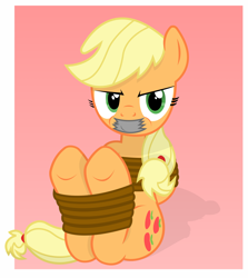 Size: 2000x2242 | Tagged: safe, artist:cardshark777, imported from derpibooru, applejack, earth pony, pony, angry, applejack is not amused, blonde mane, bondage, bound and gagged, digital art, female, gag, gradient background, green eyes, hair bun, hatless, helpless, hooves, hooves behind back, mare, missing accessory, puffy cheeks, rope, rope bondage, shading, shadow, sitting, solo, tape, tape gag, tied up, unamused