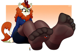 Size: 1344x896 | Tagged: safe, imported from derpibooru, autumn blaze, anthro, kirin, plantigrade anthro, ai content, ai generated, big breasts, breasts, clothes, feet, female, fetish, foot fetish, generator:novelai, generator:stable diffusion, giantess, gradient background, looking at you, macro, macro/micro, micro, missing cutie mark, passepartout, prompt in description, prompter:neutralfire, socks, stocking feet, stockings, thigh highs