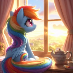 Size: 1024x1024 | Tagged: safe, imported from derpibooru, rainbow dash, pegasus, pony, ai content, ai generated, blanket, cloud, cup, curtains, female, flower, food, generator:bing image creator, generator:dall-e 3, hill, indoors, looking up, mare, morning, plate, prompter:equestria pony fans, rainbow, sitting, smiling, solo, sun, tea, teacup, teapot, tree, window, wood, wrong cutie mark