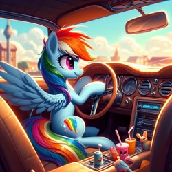 Size: 1024x1024 | Tagged: safe, imported from derpibooru, rainbow dash, pegasus, rabbit, ai content, ai generated, animal, building, can, car, cloud, cup, driving, female, generator:bing image creator, generator:dall-e 3, happy, mare, prompter:equestria pony fans, rainbow, seat, sitting, sky, smiling, solo, steering wheel, straw, teeth, town, toy, wrong cutie mark