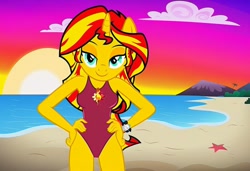 Size: 1216x832 | Tagged: safe, imported from twibooru, sunset shimmer, anthro, unicorn, ai content, ai generated, baywatch, beach, breasts, busty sunset shimmer, clothes, flirting, generator:stable diffusion, hand on hip, mountain, needs more jpeg, one-piece swimsuit, seductive pose, sexy, smiling, solo, standing, sunset, swimsuit