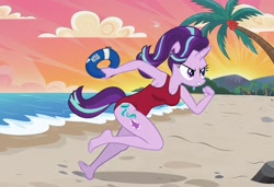 Size: 1216x832 | Tagged: safe, imported from twibooru, starlight glimmer, anthro, unicorn, ai content, ai generated, baywatch, beach, breasts, buoy, busty starlight glimmer, clothes, determined, generator:stable diffusion, image, needs more jpeg, one-piece swimsuit, palm tree, running, seductive look, sexy, solo, swimsuit, tree