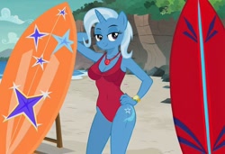 Size: 1216x832 | Tagged: safe, imported from twibooru, trixie, anthro, unicorn, ai content, ai generated, arm behind head, baywatch, beach, breasts, busty trixie, clothes, flirting, generator:stable diffusion, hand on hip, needs more jpeg, one-piece swimsuit, rock cliff, seductive pose, sexy, smiling, solo, standing, sunbathing, surfboard, swimsuit