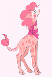 Size: 599x880 | Tagged: safe, artist:daydreamaskblog, imported from derpibooru, pinkie pie, giraffe, clothes, female, giraffied, looking up, pink background, scarf, simple background, solo, species swap