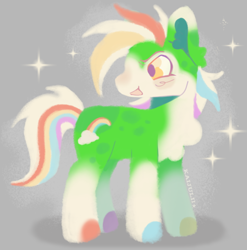 Size: 628x636 | Tagged: safe, artist:kaijulii, imported from derpibooru, oc, oc only, earth pony, chest fluff, chest markings, cute, ear fluff, earth pony oc, frizzy hair, full body, gray background, green coat, green fur, leg markings, lineless, male, messy hair, messy mane, mismatched hooves, multicolored fur, multicolored hair, multicolored mane, multicolored tail, oc name needed, open mouth, open smile, pale belly, rainbow hair, simple background, smiling, solo, sparkles, spots, spotted, stallion, stallion oc, tail, yellow eyes