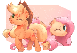 Size: 2618x1791 | Tagged: safe, artist:candy meow, imported from derpibooru, applejack, fluttershy, earth pony, pegasus, pony, abstract background, applejack's hat, braid, cheek fluff, chest fluff, cowboy hat, duo, ear fluff, female, hat, mare, one eye closed, raised hoof, smiling, standing, wink