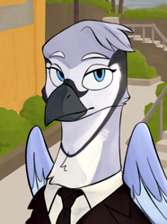 Size: 520x700 | Tagged: safe, artist:bunnyshrubby, imported from derpibooru, oc, oc only, oc:juana pluma garraz de mendoza, griffon, equestria at war mod, bust, clothes, female, griffon oc, necktie, portrait, solo