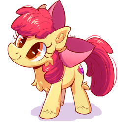 Size: 1024x1024 | Tagged: safe, artist:candy meow, imported from derpibooru, apple bloom, earth pony, pony, apple bloom's bow, bow, cheek fluff, chest fluff, curious, ear fluff, hair bow, simple background, smiling, solo, standing, white background