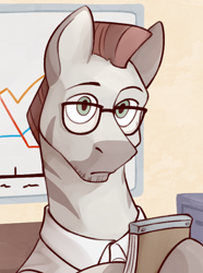 Size: 520x700 | Tagged: safe, artist:bunnyshrubby, imported from derpibooru, oc, oc only, oc:azizelqart zahummid, zebra, equestria at war mod, bust, clothes, file cabinet, glasses, notepad, portrait, solo, whiteboard, zebra oc