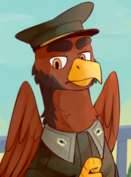 Size: 520x700 | Tagged: safe, artist:bunnyshrubby, imported from derpibooru, oc, oc only, oc:henri anjer, griffon, equestria at war mod, bust, cap, clothes, griffon oc, hat, military uniform, portrait, solo, uniform