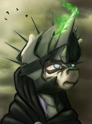 Size: 1560x2100 | Tagged: safe, artist:kelkessel, imported from derpibooru, oc, oc only, oc:silver star, bird, lich, pony, undead, unicorn, equestria at war mod, bust, clothes, helmet, horn, magic, magic aura, portrait, solo