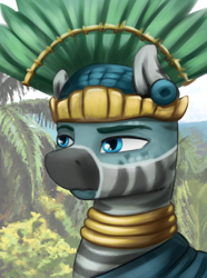 Size: 1560x2100 | Tagged: safe, artist:kelkessel, imported from derpibooru, oc, oc only, oc:xuwicha, zebra, equestria at war mod, bust, clothes, feather, hat, jewelry, necklace, portrait, solo, zebra oc