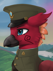 Size: 1560x2100 | Tagged: safe, artist:printik, imported from derpibooru, oc, oc only, oc:arcus flamefeather, hippogriff, equestria at war mod, bust, cap, clothes, hat, hippogriff oc, military uniform, portrait, solo, uniform