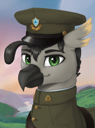 Size: 1560x2100 | Tagged: safe, artist:printik, imported from derpibooru, oc, oc only, oc:faber greyfeather, hippogriff, equestria at war mod, bust, cap, clothes, hat, hippogriff oc, military uniform, portrait, solo, uniform