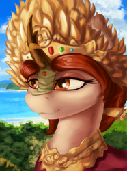 Size: 1560x2100 | Tagged: safe, artist:kelkessel, imported from derpibooru, oc, oc only, oc:kudakelasi, kirin, equestria at war mod, bust, clothes, crown, gem, jewelry, kirin oc, ocean, portrait, regalia, solo, water