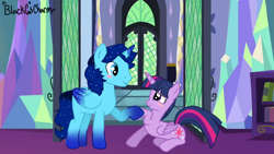 Size: 1192x670 | Tagged: safe, imported from derpibooru, twilight sparkle, oc, oc:blue thunder, alicorn, blushing, duo, duo male and female, female, male, reunited, twilight sparkle (alicorn), twilight's castle