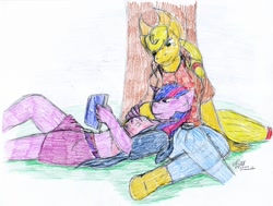 Size: 950x718 | Tagged: safe, artist:lunarlight-prism, imported from derpibooru, applejack, twilight sparkle, anthro, earth pony, unicorn, book, clothes, duo, duo female, female, hoodie, horn, lesbian, lying down, on back, reading, shipping, simple background, sitting, traditional art, tree, twijack, white background
