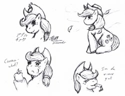 Size: 950x732 | Tagged: safe, artist:lunarlight-prism, imported from derpibooru, applejack, earth pony, pony, apple, dialogue, eating, female, food, mare, simple background, sitting, sketch, solo, traditional art, white background, wind