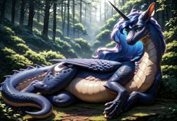 Size: 4864x3328 | Tagged: safe, imported from derpibooru, princess luna, alicorn, dragon, ai content, ai generated, belly, blue mane, dragoness, dragonified, ethereal mane, female, forest background, generator:stable diffusion, looking at you, lunadragon, lying down, on side, scales, solo, species swap, two toned mane