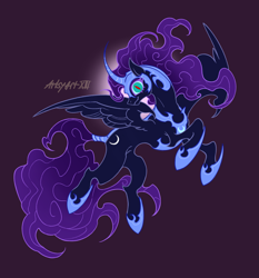 Size: 3661x3929 | Tagged: safe, artist:artsyart13, imported from derpibooru, nightmare moon, alicorn, pony, blue eyes, blue mane, blue tail, colored pupils, curved horn, digital art, ethereal mane, ethereal tail, feather, female, flowing mane, flowing tail, flying, helmet, high res, hoof shoes, horn, looking at you, mare, moon, moonlight, open mouth, open smile, peytral, princess shoes, purple background, signature, simple background, smiling, smiling at you, solo, spread wings, tail, wings