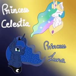 Size: 640x640 | Tagged: safe, artist:saturaed_acidity, imported from derpibooru, princess celestia, princess luna, alicorn, pony, crown, duo, duo female, ear fluff, ethereal mane, eyes closed, eyeshadow, female, fluffy, jewelry, makeup, neck fluff, regalia, royal sisters, siblings, sisters, smiling, sparkling mane