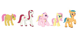 Size: 1463x546 | Tagged: safe, artist:diana173076, imported from derpibooru, fluttershy, fluttershy (g3), hitch trailblazer, posey, sweetheart, earth pony, pegasus, pony, female, g1, g2, g3, g5, generational ponidox, hitch and his 2nd heroine, male, open mouth, open smile, raised hoof, simple background, smiling, white background