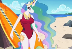 Size: 1216x832 | Tagged: safe, imported from twibooru, princess celestia, alicorn, anthro, ai content, ai generated, baywatch, beach, breasts, busty princess celestia, clothes, flirting, generator:stable diffusion, needs more jpeg, one-piece swimsuit, seductive pose, sexy, smiling, solo, standing, sunbathing, surfboard, swimsuit