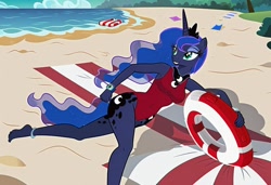 Size: 1216x832 | Tagged: safe, imported from twibooru, princess luna, alicorn, anthro, ai content, ai generated, baywatch, beach, beach towel, breasts, buoy, busty princess luna, clothes, floaty, generator:stable diffusion, needs more jpeg, one-piece swimsuit, running, seductive pose, sexy, smiling, solo, swimsuit