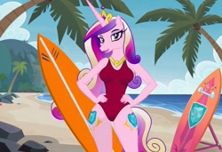 Size: 1216x832 | Tagged: safe, imported from twibooru, princess cadance, alicorn, anthro, ai content, ai generated, baywatch, beach, breasts, busty princess cadance, clothes, flirting, generator:stable diffusion, hand on hip, mountain, needs more jpeg, one-piece swimsuit, palm tree, seductive pose, sexy, smiling, solo, standing, sunbathing, surfboard, swimsuit, tree
