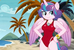 Size: 1216x832 | Tagged: safe, imported from twibooru, princess flurry heart, alicorn, anthro, ai content, ai generated, baywatch, beach, busty princess flurry heart, clothes, flirting, generator:stable diffusion, hand on hip, mountain, needs more jpeg, one-piece swimsuit, palm tree, seductive pose, sexy, smiling, solo, standing, sunbathing, swimsuit, tree