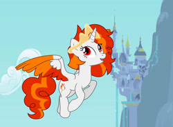 Size: 1280x940 | Tagged: safe, artist:creedyboy124, artist:shieldwingarmorofgod, artist:wavecipher, imported from twibooru, oc, oc:flaming marshmallow, alicorn, pony, canterlot castle, colored wings, crown, derpibooru dnp artist, female, flying, image, jewelry, multicolored hair, multicolored wings, needs more jpeg, regalia, solo, wings