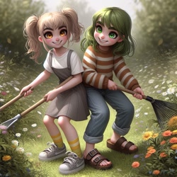 Size: 1024x1024 | Tagged: safe, imported from derpibooru, derpy hooves, wallflower blush, human, equestria girls, ai content, ai generated, birkenstocks, clothes, denim, duo, duo female, female, gardening, generator:bing image creator, generator:dall-e 3, humanized, jeans, jumper dress, outdoors, pants, pigtails, pinafore, plants, prompter:yet-one-more-idiot, rake, sandals, shoes, sneakers, sweater, twintails, weeding