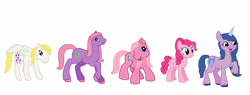 Size: 1450x551 | Tagged: safe, artist:diana173076, imported from derpibooru, clover (g1), izzy moonbow, pinkie pie, pinkie pie (g3), surprise, earth pony, pegasus, pony, unicorn, female, g1, g2, g3, g5, generational ponidox, horn, izzy and her heroine, open mouth, open smile, raised hoof, simple background, smiling, white background