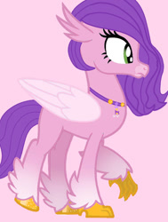 Size: 777x1029 | Tagged: safe, artist:artsmlpgen5, imported from derpibooru, pipp petals, classical hippogriff, hippogriff, classical hippogriffied, colored wings, female, g5, gradient legs, hippogriffied, jewelry, necklace, pink background, shiny hooves, simple background, solo, species swap, wings